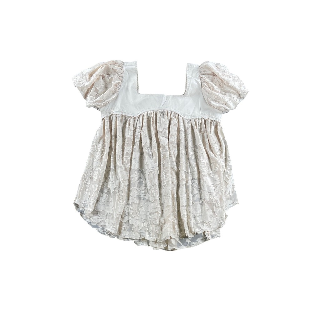 Free People Cream Floral Lace Babydoll Top Puff Sleeve Square Neck Small